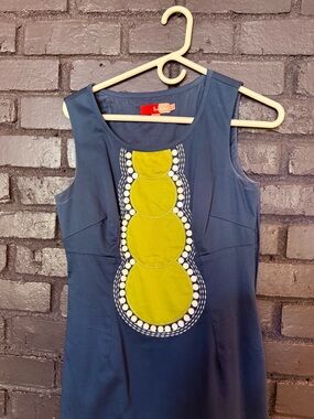 Boden Navy Sleeveless Dress with Olive Green Decorative Front
